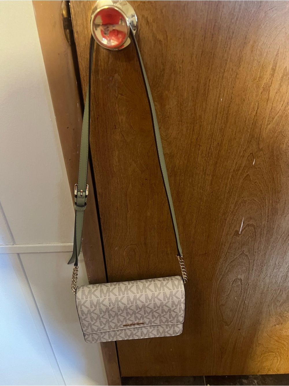 Michael Kors Cream Logo Crossbody Bag with Olive Strap